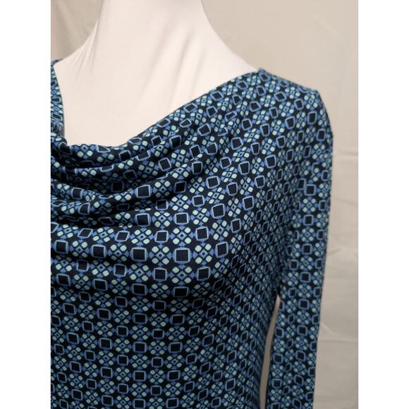 Liz Claiborne Women's Size Medium Draped Neck Geometric Long Sleeve Blue Shirt - Picture 2 of 11